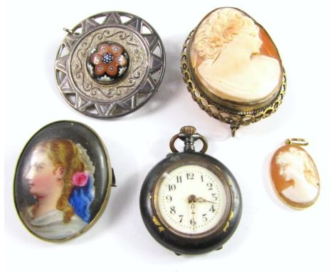 A silver millefiori brooch, a cameo brooch, a cameo pendant, a porcelain portrait brooch and a fob watch.