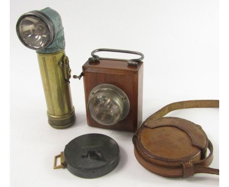A USA Lite TL-122-A torch, a wooden cased torch and a Troughton & Simms compass, circa 1908, (3).