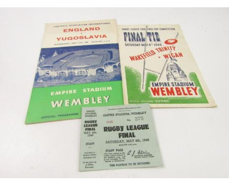 An FA International football programme, England v Yugoslavia, Wednesday 11th May 1960, Empire Stadium Wembley, together with 