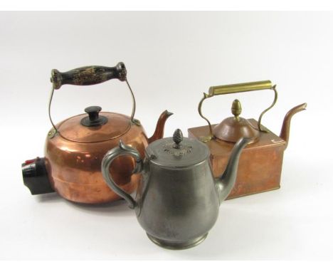 A rectangular copper kettle, electric copper kettle and a pewter teapot, (3).