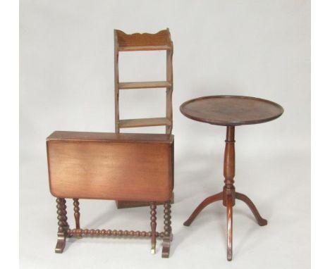 A Victorian mahogany Sutherland table, raised on bobbin turned supports, an oak and elm tripod occasional table, and an oak w