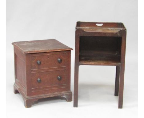 A George III mahogany tray top pot cupboard, door lacking, raised on chamfered square legs, 76cm x 46cm x 36cm, and a pine co