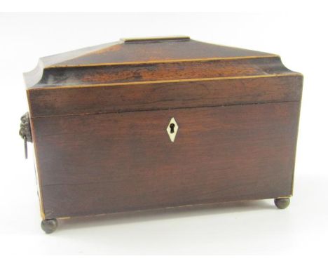 A Regency rosewood sarcophagus tea caddy, with brass lion's head and ring handles, opening to reveal two canisters flanking a