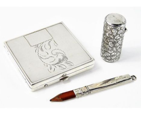 A Canadian white metal compact with foliate engraving, stamped sterling, 7.5cm x 7.5cm, a Victorian silver smelling salts can