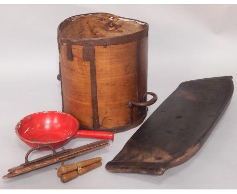 An iron bound grain bin, red enamel grain scoop and a wooden dough trough, (3).