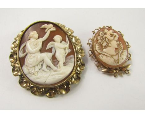 A yellow metal and cameo brooch, bust portrait of a Renaissance lady, on a safety chain as fitted, stamped 9ct, and a further