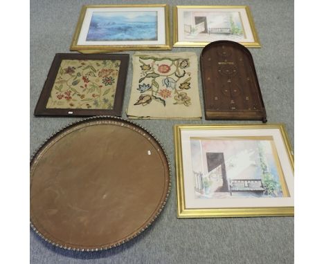 A copper tray, 80cm, together with a bagatelle board, two crewel panels and a collection of prints