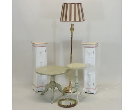 A painted occasional table, together with another, a standard lamp, a mirror and a pair of white painted cabinets, each 25cm