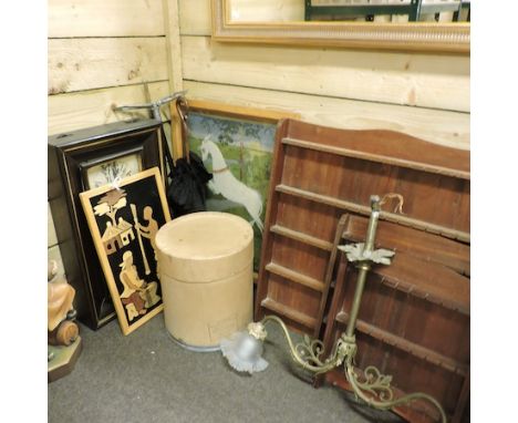 A collection of items, to include brass chandeliers, wooden spoon racks, a pottery figure and other items, together with two 