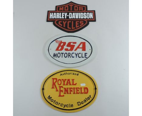 A painted metal Royal Enfield sign, together with a Harley Davidson and a BSA sign, 23 x 30cm