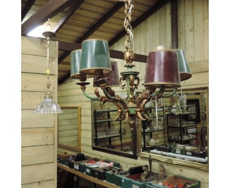 A gilt metal six branch chandelier, with scrolled decoration, 46cm diameter, together with a brass and glass ceiling light