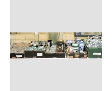 Five boxes of various items, to include china, metalwares and light fittings