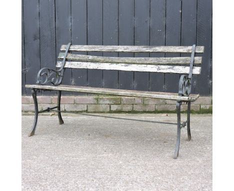 A slatted wooden garden bench, with metal ends, 122cm
