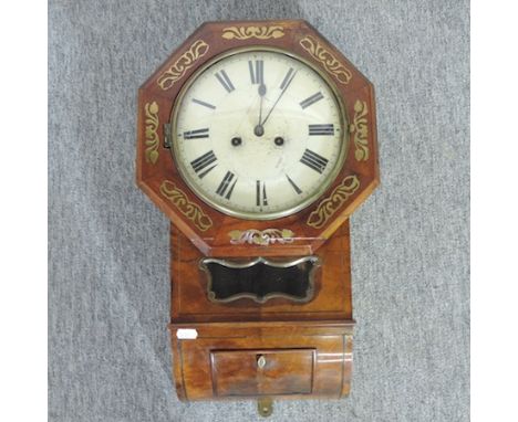 A Victorian walnut and cut brass drop dial wall clock, 55cm high overall