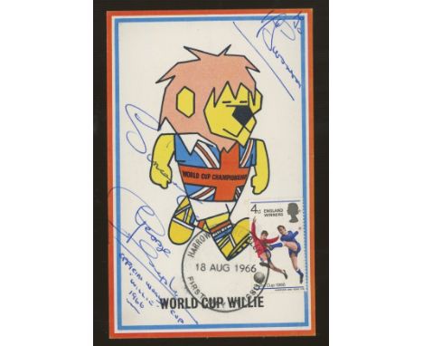 Football: 1966 England Winners World Cup Willie maximum card autographed by George Claydon (1933-2001), an actor who was the 