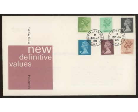 1980 Machin 4p-75p new values on Post Office FDC with Buckingham Palace CDS. Unaddressed, fine. Windsor Castle CDS Cat £45, B