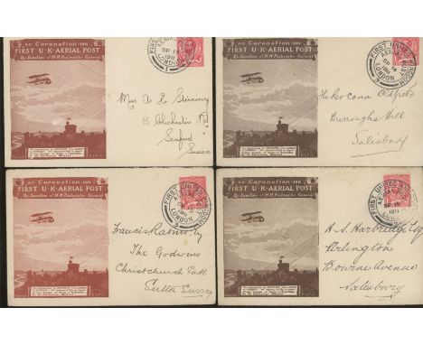 1911 Aerial Post emergency envelopes in green (2), dark brown (2) &amp; light brown (2), all with First UK Aerial Post London