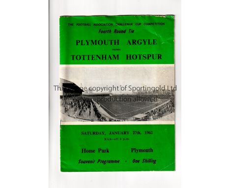 TOTTENHAM HOTSPUR    Programme for the away FA Cup 4th round tie v Plymouth Argyle 27/1/1962, slightly creased and scores ent