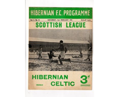 HIBERNIAN V CELTIC 1952   Programme for the League match at Hibernian 2/2/1952, slight horizontal creased.    Generally good.