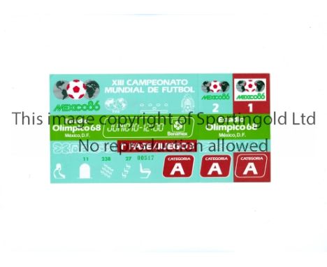 1986 WORLD CUP      Unused ticket for Argentina v Bulgaria 10/6/1986 at the Olympic 68 Stadium. Staple holes on the left.   G