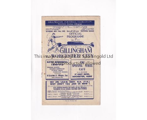 GILLINGHAM V WORCESTER CITY 1949 / FINAL NON-LEAGUE SEASON    Programme for the Southern League match at Gillingham 19/11/194