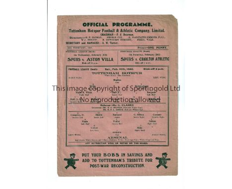 TOTTENHAM HOTSPUR V ARSENAL 1946     Single sheet programme for the FL South match at Tottenham 16/2/1946, horizontal crease,