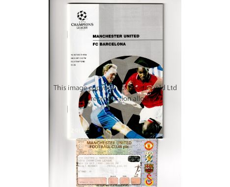 MANCHESTER UNITED      Programme and ticket for the home Champions League match v Barcelona 19/10/1994.    Good