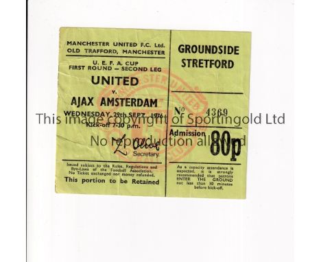 MANCHESTER UNITED    Ticket for the home UEFA Cup tie v Ajax 29/9/1976, slightly creased.     Generally good