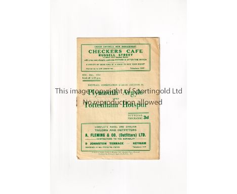 TOTTENHAM HOTSPUR   Programme for the away Combination match v Plymouth Argyle 26/12/1951, horizontal crease and slightly rus