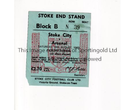 ARSENAL / FIRST MATCH WITH GREEN SHIRTS &amp; BLUE SLEEVES      Ticket for the first League match v Stoke City 28/8/1982, in 