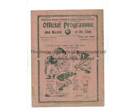 TOTTENHAM HOTSPUR V ARSENAL 1933     Programme for the League match at Tottenham 16/9/33, creased.    Generally good