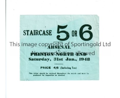ARSENAL     Ticket for the home League match v Preston North End 31/1/1948, slight creases.     Generally good