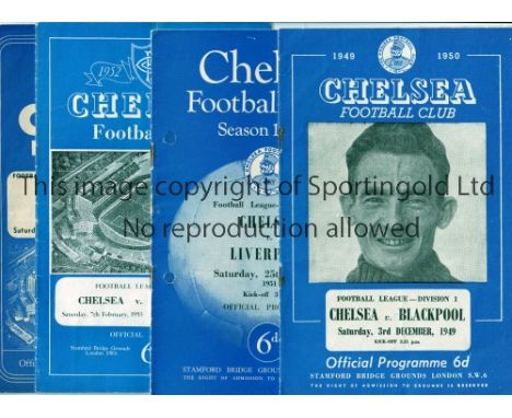 CHELSEA      Ten home programmes for the League matches v Blackpool 3/12/1949,  Liverpool 25/8/1951, repaired punch holes, Su