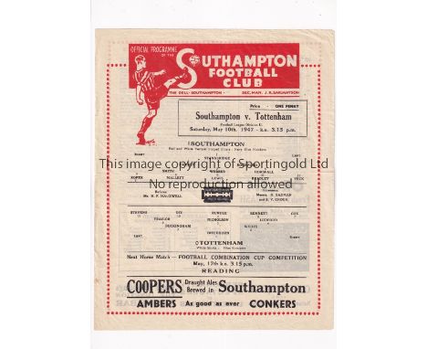 TOTTENHAM HOTSPUR       Single sheet away programme for the League match v Southampton 10/5/1947, horizontal crease.    Gener