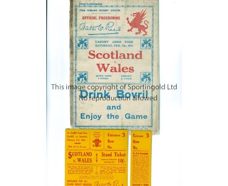RUGBY UNION 1931 WALES V SCOTLAND   Programme for the match at Wales on 7/2/31. Old brown tape mark on spine with a quarter o