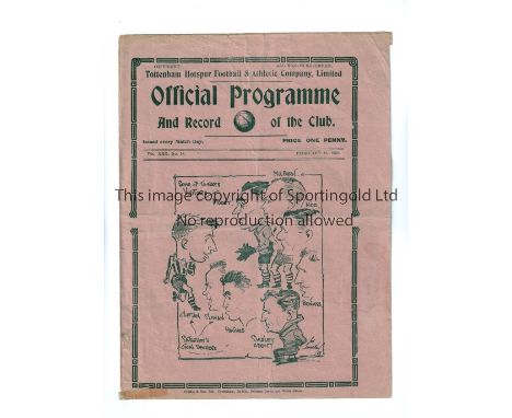 TOTTENHAM HOTSPUR      Programme for the home FA Cup 5th round replay tie v Chesterfield 16/2/1938, slightly creased, minor w
