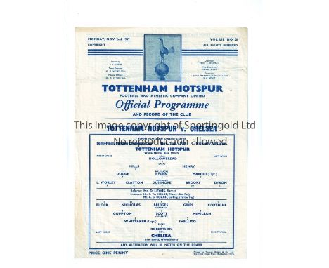 TOTTENHAM HOTSPUR V CHELSEA 1959 / LONDON CHALLENGE CUP SEMI-FINAL    Programme for the match at Tottenham 2/11/1959, slightl