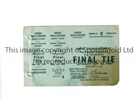 1963 FA CUP FINAL / MANCHESTER UNITED V LEICESTER CITY / TICKET WITH ORIGINAL DATE      Tickets for the match were over stamp