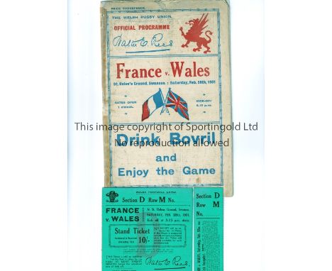 RUGBY UNION 1931 WALES V FRANCE   Programme for the match at Swansea on 28/2/31. Old brown mark on spine and small profession