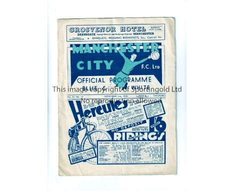 TOTTENHAM HOTSPUR     Programme for the away League match v Manchester City 5/11/1938, vertical creases, wear and tears to ed