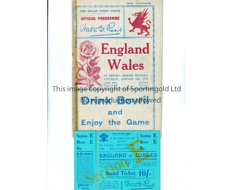 RUGBY UNION 1932 WALES V ENGLAND   Programme for the match at Swansea on 16/1/32. Old brown mark along the spine. Comes with 