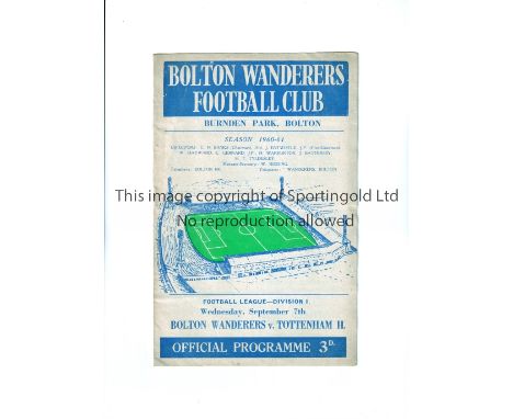 TOTTENHAM HOTSPUR / 1960-1 DOUBLE SEASON       Programme for the away League match v Bolton Wanderers 7/9/1960, very slight h