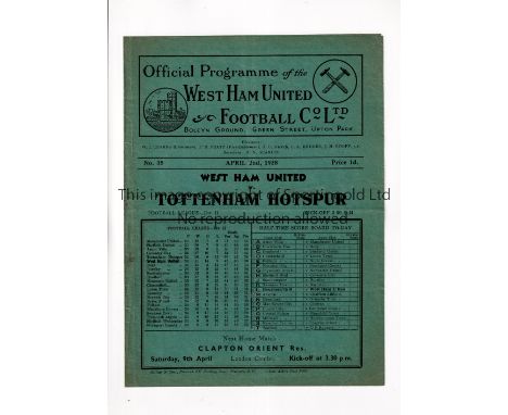TOTTENHAM HOTSPUR     Programme for the away League match West Ham United 2/4/1938, slightly creased, team changes and scores
