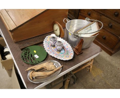 A Persian enamel platter; a pair of baluster vases; a metal stand; mantel clock; preserve pan etc