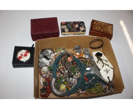 A box containing various costume jewellery, trinket boxes etc