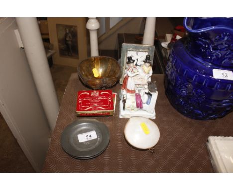 A shell coin purse, two small pewter dishes, a vintage Benson &amp; Hedges cigarette tin, a mantle clock etc