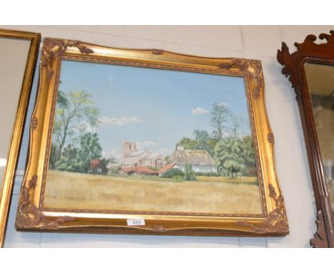 R K Phillips, oil on board study of Bacton Church, 1980 in gilt frame