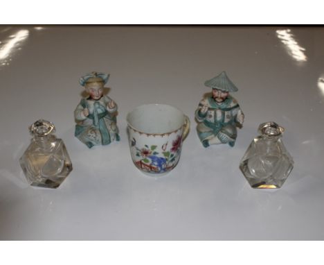 A pair of 19th Century Bisque ware nodding figures, a Chinese Famille rose cup and a pair of cut glass scent bottles