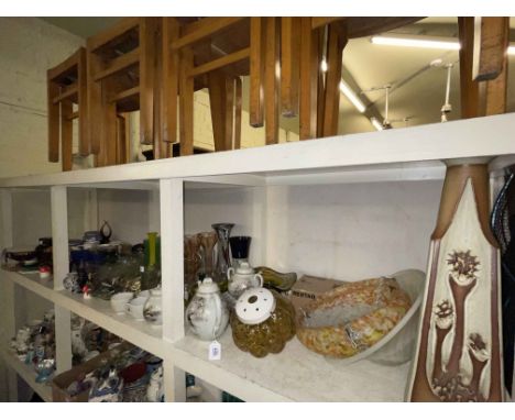 Full shelf of assorted china and glass including light globes, vases, Oriental teaware, Ringtons caddies, etc.