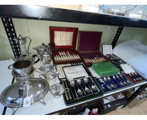 Boxes of cutlery including silver handled tea knives, EP warming dish, claret jug, Elkington bottle coaster, etc.
